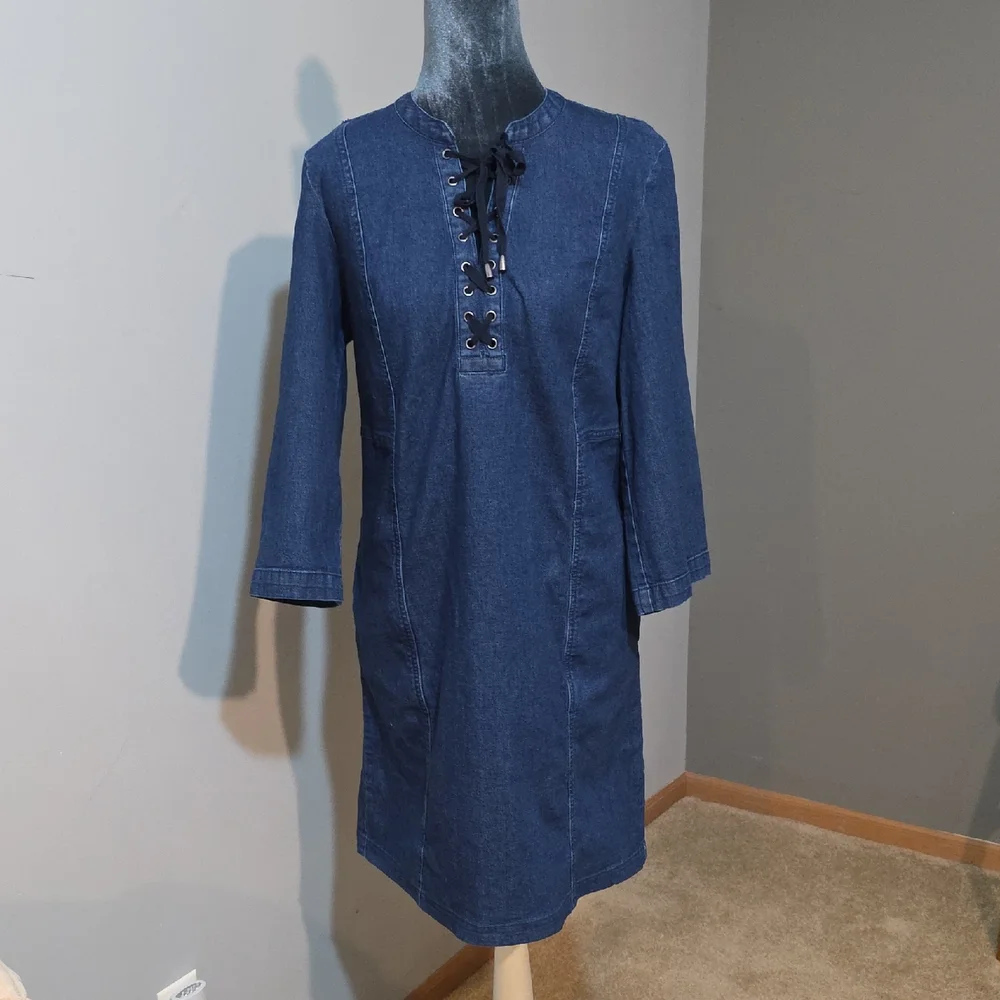 J. Jill Blue Denim Lace-Up Midi Dress 3/4 Sleeve Shift M Boho Casual - Picture 1 of 8